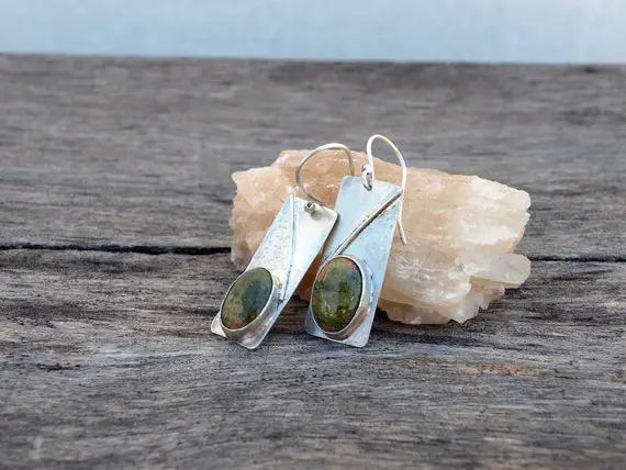 Sterling Silver And Unakite Hand Crafted Women's Earrings / Handmade Gift For Women / Artisan Earrings / Rustic Textured Jewelry /  "the 66"