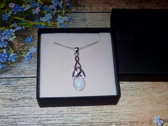 Sterling Silver Opal Pendant, Stunning Pin Colours, Celtic Design Opal Necklace, Ladies Silver Opal Necklace Gift.