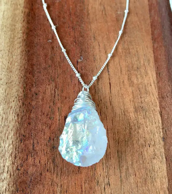 Sterling Silver Raw Angel Aura Quartz Necklace In .925 Sterling Silver With Your Choice Of Adjustable Chain