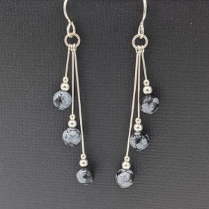 Sterling Silver Snowflake Obsidian Earrings, Asymmetrical Dangle Earrings, Snowflake Obsidian Three  Dangle Earrings | Natural genuine Snowflake Obsidian earrings. Buy crystal jewelry, handmade handcrafted artisan jewelry for women.  Unique handmade gift ideas. #jewelry #beadedearrings #beadedjewelry #gift #shopping #handmadejewelry #fashion #style #product #earrings #affiliate #ad