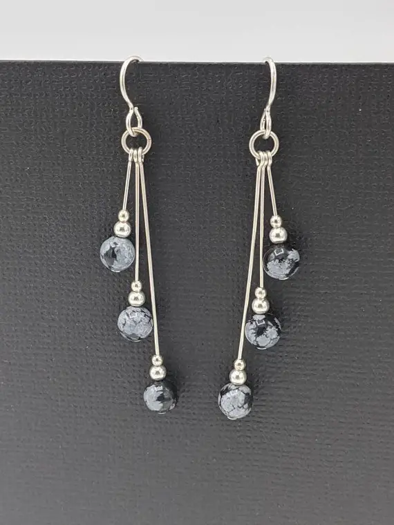 Sterling Silver Snowflake Obsidian Earrings, Asymmetrical Dangle Earrings, Snowflake Obsidian Three  Dangle Earrings