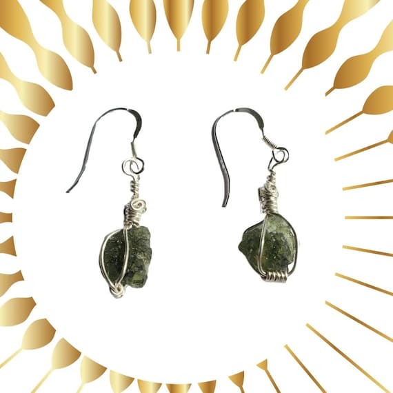 Stunning Moldavite Earrings - Wire Wrapped With Sterling Silver Wire