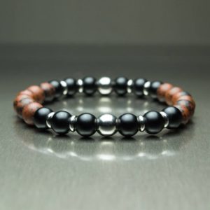 Shop Mahogany Obsidian Jewelry! Sublime BRACELET Homme/Femme Perles pierre naturelle Mahogany Obsidian marron 8mm + Agate noir mat (Onyx) + anneaux Acier inoxydable/inox | Natural genuine Mahogany Obsidian jewelry. Buy crystal jewelry, handmade handcrafted artisan jewelry for women.  Unique handmade gift ideas. #jewelry #beadedjewelry #beadedjewelry #gift #shopping #handmadejewelry #fashion #style #product #jewelry #affiliate #ad