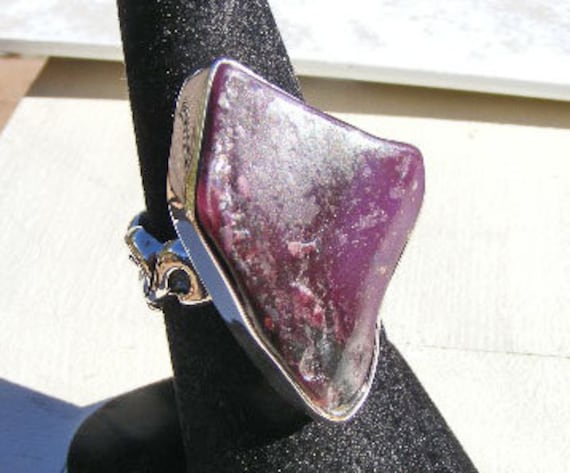 Sugilite Ring, Size 9, Stone Of Spiritual Love And Wisdom, Rough, Beautiful, Natural Deep Purple,  Sterling Silver Wave Band
