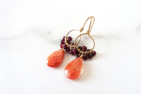 Sunstone Earrings, Garnet Cluster Earrings, Gold Fill Circle Earrings, Orange Gemstone Dangle Earrings, Boho Summer Jewelry Gift For Her
