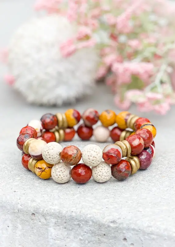 The Mookaite ~ Natural Mookaite Jasper, Lava Beads With Beautiful Brass Accent Rings/ Diffuser Bracelet/gifts