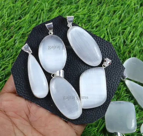 Top Quality !! Natural White Selenite Pendant, Natural Selenite Gemstone Bezel Pendant, Silver Plated Necklace Pendant Jewelry