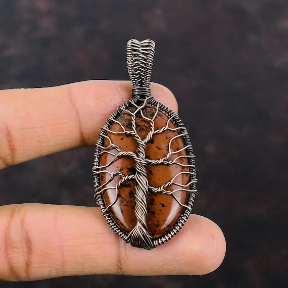 Tree Of Life Mahogany Obsidian Pendant Copper Wire Wrapped Pendant Copper Jewelry Handmade Pendant Wire Wrapped Gemstone Jewelry For Gift