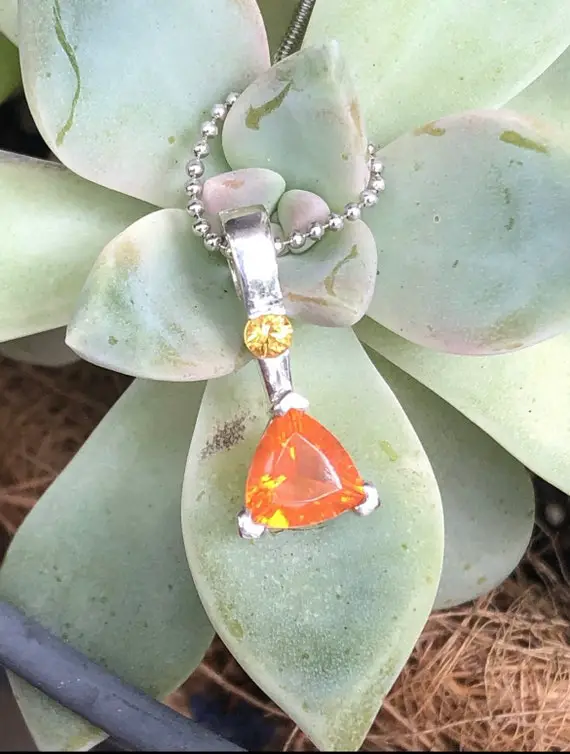 Trilliant Cut Mexican Fire Opal, Yellow Sapphire Necklace