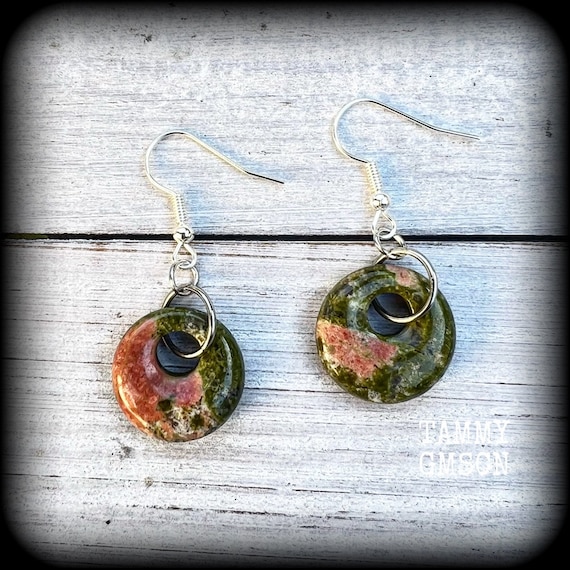 Unakite Earrings Gemstone Earrings Gemstone Ear Weights Unakite Jewelry Hagstones Hag Stones   Gauges Body Jewelry Tunnels Plugs Stretched