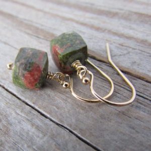 Unakite Earrings, small, simple, faceted cubes of unakite, green and pink, gemstone earrings | Natural genuine Unakite earrings. Buy crystal jewelry, handmade handcrafted artisan jewelry for women.  Unique handmade gift ideas. #jewelry #beadedearrings #beadedjewelry #gift #shopping #handmadejewelry #fashion #style #product #earrings #affiliate #ad
