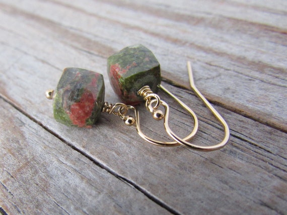 Unakite Earrings, Small, Simple, Faceted Cubes Of Unakite, Green And Pink, Gemstone Earrings