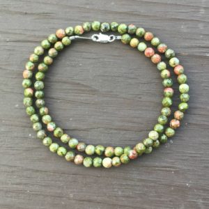 Shop Unakite Jewelry! Unakite Necklace , 3.5-4mm Faceted Unakite Small Stone Choker Necklace, Olive Green and Peach Color Stone Necklace, Unakite Choker | Natural genuine Unakite jewelry. Buy crystal jewelry, handmade handcrafted artisan jewelry for women.  Unique handmade gift ideas. #jewelry #beadedjewelry #beadedjewelry #gift #shopping #handmadejewelry #fashion #style #product #jewelry #affiliate #ad