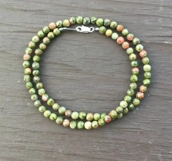 Unakite Necklace , 3.5-4mm Faceted Unakite Small Stone Choker Necklace, Olive Green And Peach Color Stone Necklace, Unakite Choker