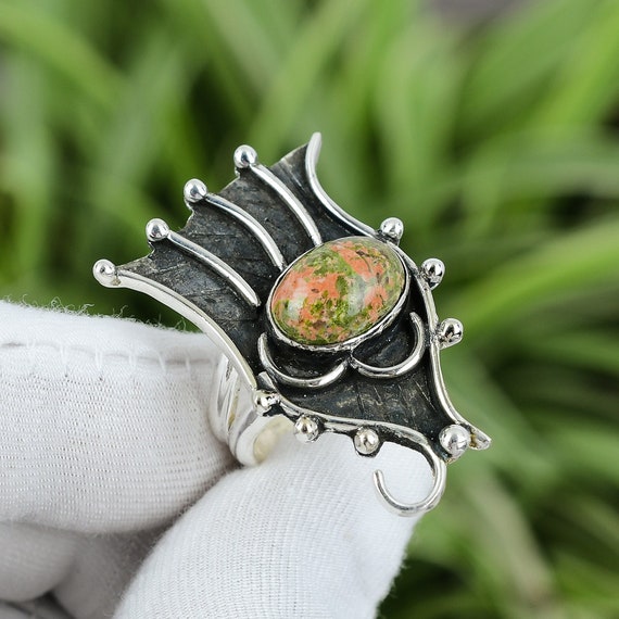 Handmade Unakite Ring: Oval Gemstone, 925 Sterling Silver, Size 9