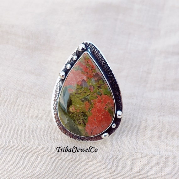 Unakite Ring, Unakite Gemstone Rings For Women 925 Sterling Silver Ring Gift For Her Mother Unakite Jewelry Handmade Vintage Ring