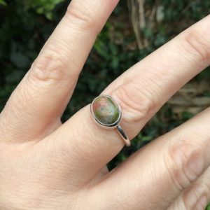 Shop Unakite Rings! Unakite Sterling and Fine silver ring side set  Last one UK size (N) | Natural genuine Unakite rings, simple unique handcrafted gemstone rings. #rings #jewelry #shopping #gift #handmade #fashion #style #affiliate #ad