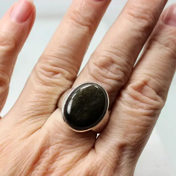 Unisex Ring... Black Obsidian Stone With Golden Sheen Oval Shape Cab Of Natural Golden Sheen Black Obsidian Stone Set On 925 Sterling Silver