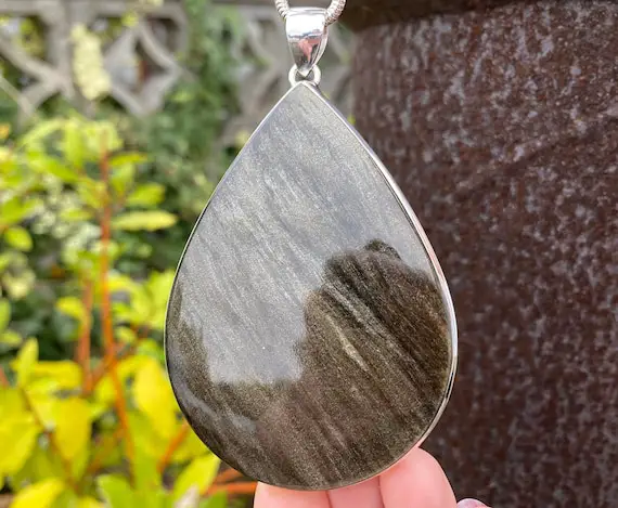 Very Large Gold Sheen Obsidian Pendant In 925 Sterling Silver - Handmade 57x93mm Pendant - Natural Volcanic Glass - Necklace - Golden