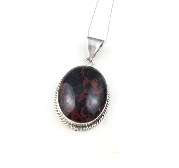 Vintage 925 Sterling Silver Mexico Taxco Silver Mahogany Obsidian Pendant Necklace