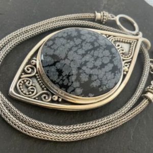 Shop Snowflake Obsidian Pendants! Vintage Large Sterling Silver Snowflake Obsidian Pendant Necklace | Natural genuine Snowflake Obsidian pendants. Buy crystal jewelry, handmade handcrafted artisan jewelry for women.  Unique handmade gift ideas. #jewelry #beadedpendants #beadedjewelry #gift #shopping #handmadejewelry #fashion #style #product #pendants #affiliate #ad