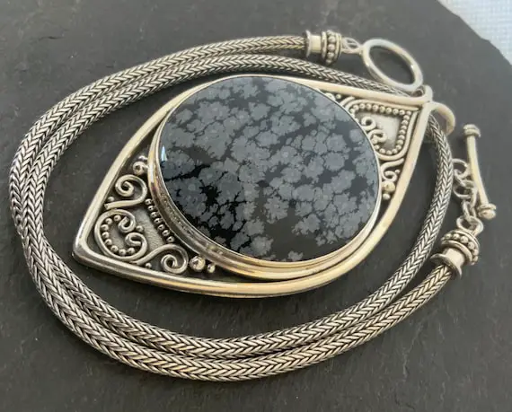 Vintage Large Sterling Silver Snowflake Obsidian Pendant Necklace