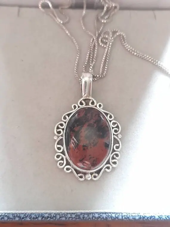 Vintage Sterling Silver Mahogany Obsidian Pendant With Chain