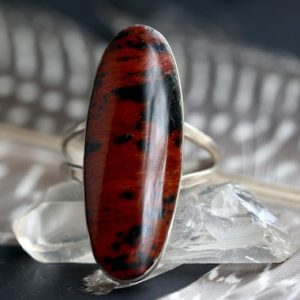 Shop Mahogany Obsidian Rings! Vintage TAXCO Sterling Mahogany Obsidian Ring Elongated Red Black Native American Sterling silver Ring old pawn ring sz 6.5 | Natural genuine Mahogany Obsidian rings, simple unique handcrafted gemstone rings. #rings #jewelry #shopping #gift #handmade #fashion #style #affiliate #ad