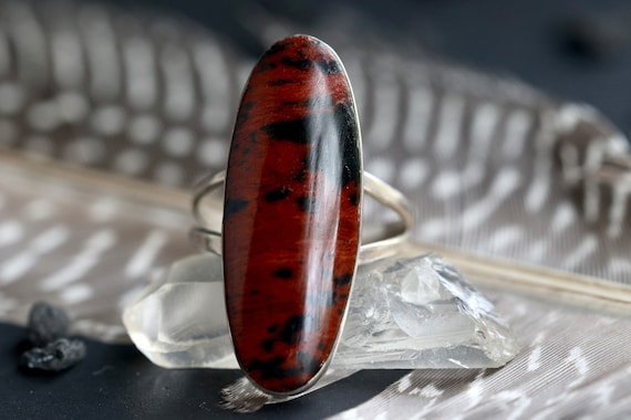 Vintage Taxco Sterling Mahogany Obsidian Ring Elongated Red Black Native American Sterling Silver Ring Old Pawn Ring Sz 6.5