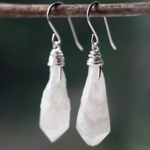 White Angel Aura Quartz Earrings, Raw Quartz Point Earrings, Sterling Silver Natural Quartz Jewellery, Rainbow Quartz Teardrop Earrings | Natural genuine Angel Aura Quartz earrings. Buy crystal jewelry, handmade handcrafted artisan jewelry for women.  Unique handmade gift ideas. #jewelry #beadedearrings #beadedjewelry #gift #shopping #handmadejewelry #fashion #style #product #earrings #affiliate #ad