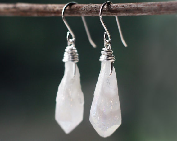 White Angel Aura Quartz Earrings, Raw Quartz Point Earrings, Sterling Silver Natural Quartz Jewellery, Rainbow Quartz Teardrop Earrings