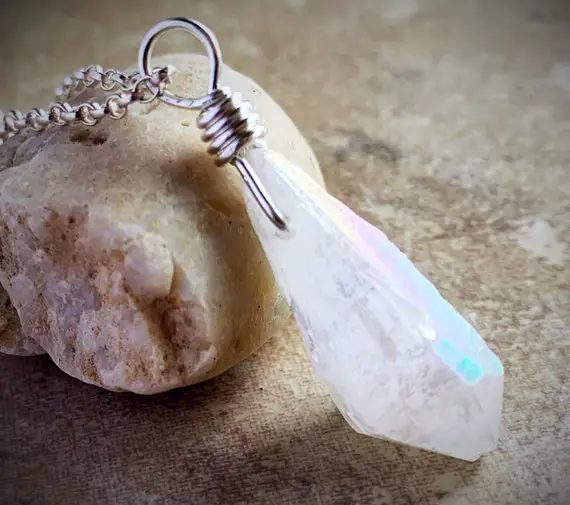 White Angel Aura Quartz Pendant, Available In Sterling Silver, 14k Gold Fill, Stainless Steel, Or 14k Rose Gold Plate
