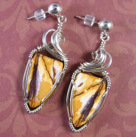 Wire Wrapped Mookaite Jasper Earrings Gemstone Cabochon Sterling Silver One Of A Kind