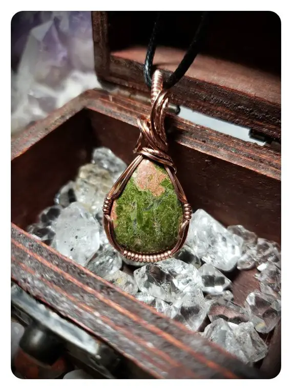 Wire Wrapped Pendant, Unakite, Raw Copper, Handmade With Love