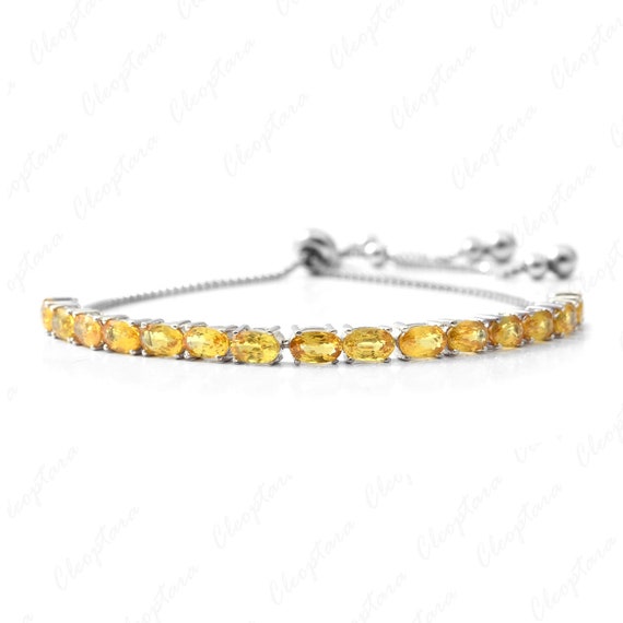 Yellow Sapphire Bolo Bracelet, Oval Cut Sapphire Chain Link Bracelet, Unique Bridal Anniversary Beaded Charm Bracelet Gifts For Mother Wife