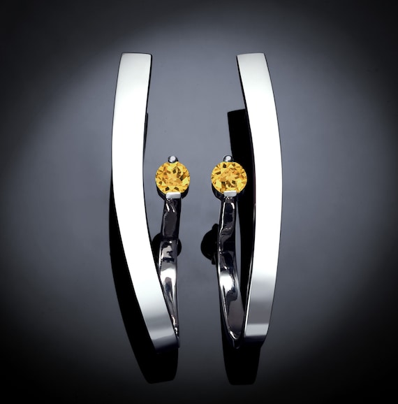 Yellow Sapphire Earrings, Modern Statement Earrings, Fine Jewelry, Argentium Silver Earrings - 2001