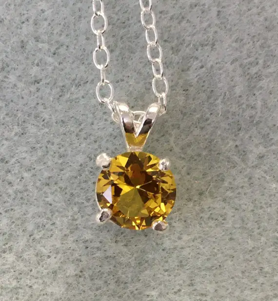 Yellow Sapphire Necklace. 8 Millimeter (2 Carat) Round Gemstone.  Sterling Silver Cable Chain. Lobster Claw Closure. Free Shipping.
