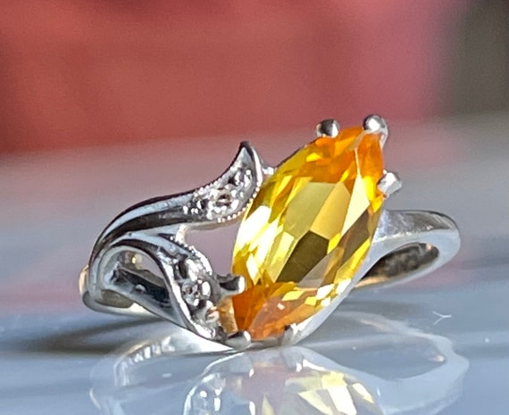 Yellow Sapphire Ring Art Deco Engagement Ring 10k Lab Sapphire Diamond Engagement Ring Yellow Sapphire Vintage Jewelry Gift For Her