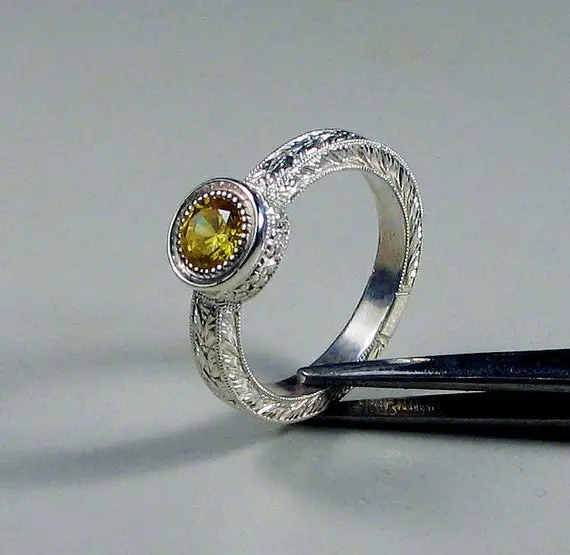 Yellow Sapphire Ring - Hand Engraved 14k White Gold Ring -  Sapphire - Yellow Sapphire - Engraving -  Art Deco