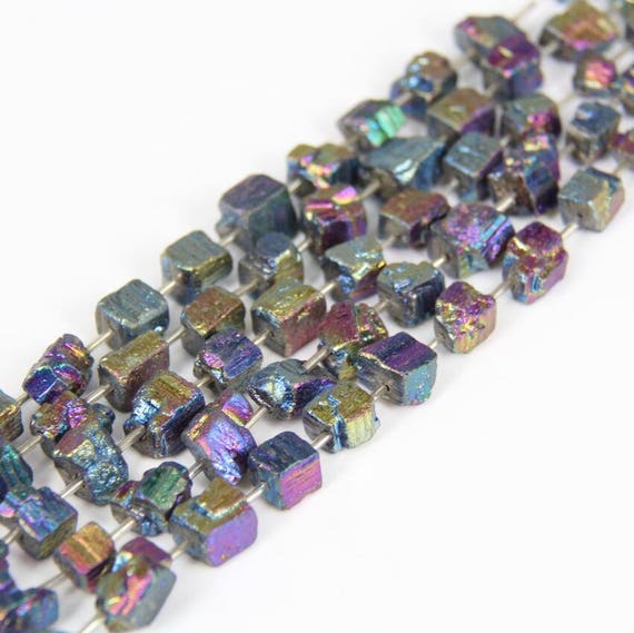 10-12mm Natural Iron Pyrite Titanium Rainbow Ab Freeform Nugget Loose Beads,rough Iron Middle Drilled Cut Cube Craft Bracelet Charms Strand