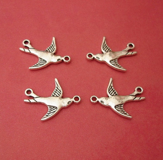10 Antique Silver - Swallow Bird Connectors Flying Bird Pendants Double Sided.