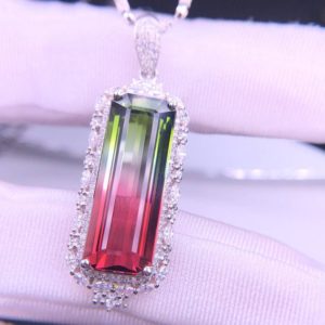 Shop Watermelon Tourmaline Pendants! 11.73ct Rare Natural Watermelon Tourmaline Pendant, Emerald Cut Tourmaline in 18K solid White Gold and Real Diamonds, with Certificate | Natural genuine Watermelon Tourmaline pendants. Buy crystal jewelry, handmade handcrafted artisan jewelry for women.  Unique handmade gift ideas. #jewelry #beadedpendants #beadedjewelry #gift #shopping #handmadejewelry #fashion #style #product #pendants #affiliate #ad