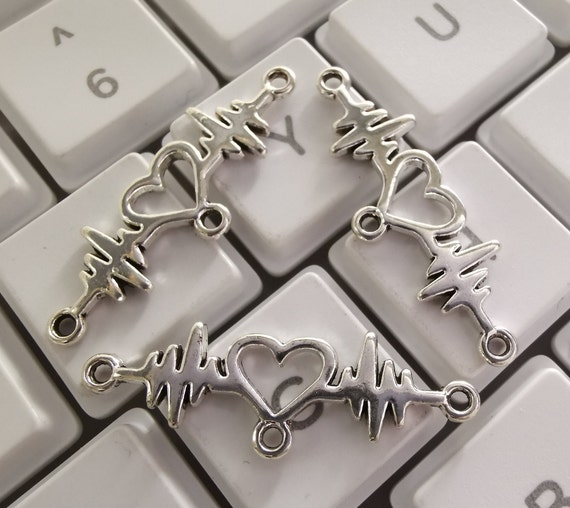 30 Or 50 Pcs, Double Sided Heartbeat Connectors, Antique Silver Heartbeat Charms, 31x10 Mm Heart Rate Connectors, Pulse Connectors, Findings