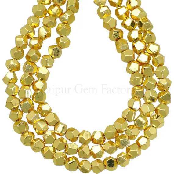 6-7 Mm Gold Plated Pyrite Gemstone Nuggets Faceted Loose Beads 16 Inches Full Strand