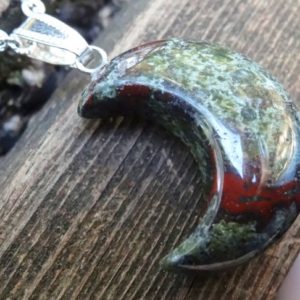 Shop Bloodstone Necklaces! 925 Large Red Green Moon, Natural Bloodstone Sterling Silver Necklace, Dragon Blood Stone Carved Moon Pendant Sterling Silver Moon Necklace | Natural genuine Bloodstone necklaces. Buy crystal jewelry, handmade handcrafted artisan jewelry for women.  Unique handmade gift ideas. #jewelry #beadednecklaces #beadedjewelry #gift #shopping #handmadejewelry #fashion #style #product #necklaces #affiliate #ad