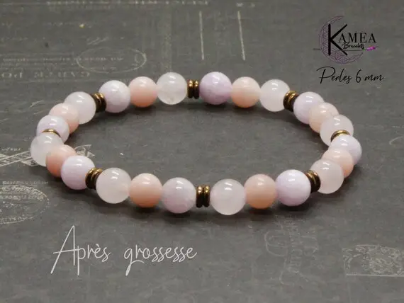 After Pregnancy - 6mm Natural Pearl Bracelet - Aragonite, Kunsite, Pink Quartz, Hematitis