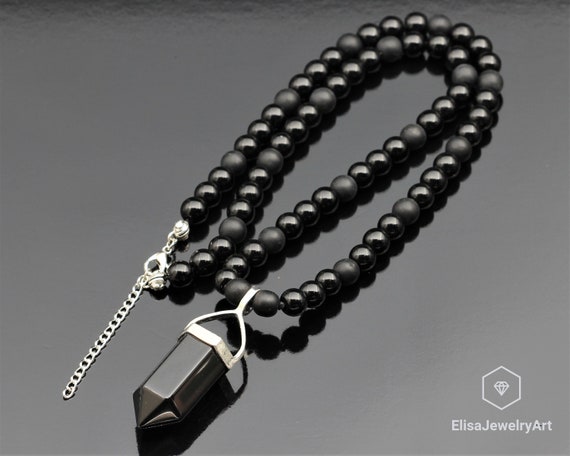 Big Pointed Onyx Pendant Black Onyx Beaded Men's Powerful Necklace Crystal Gemstone Reiki Necklace Christmas Gif For Him Women's