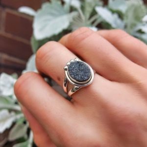Black Onyx Druzy Ring, Size 6 Ring, 925 Silver Ring, Sterling Silver Raw Black Onyx w Druzy Quartz Gemstone Ring, Healing Gemstone Jewellery | Natural genuine Gemstone jewelry. Buy crystal jewelry, handmade handcrafted artisan jewelry for women.  Unique handmade gift ideas. #jewelry #beadedjewelry #beadedjewelry #gift #shopping #handmadejewelry #fashion #style #product #jewelry #affiliate #ad