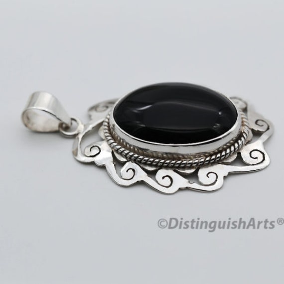 Black Onyx Pendant, Sterling Silver Pendant, Designer Oval Black Onyx Pendant, Silver Boho Pendant, Black Stone Necklace-december Birthstone