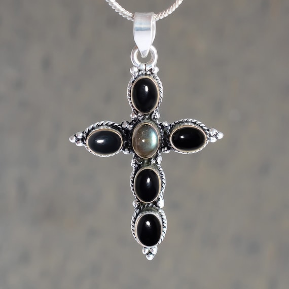 Black Onyx & Labradorite Pendant 925 Sterling Silver Cross Necklace, Handmade Pendant, Designer Pendant, Religious Jewelry, Mom Gift For Her